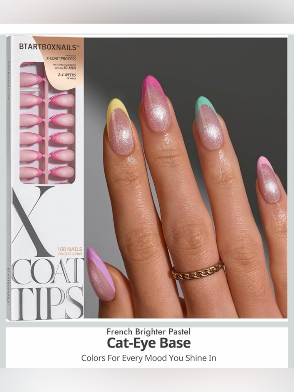 BTArtbox Nails Cat-Eye Base French Brighter Pastel Press-On Nails